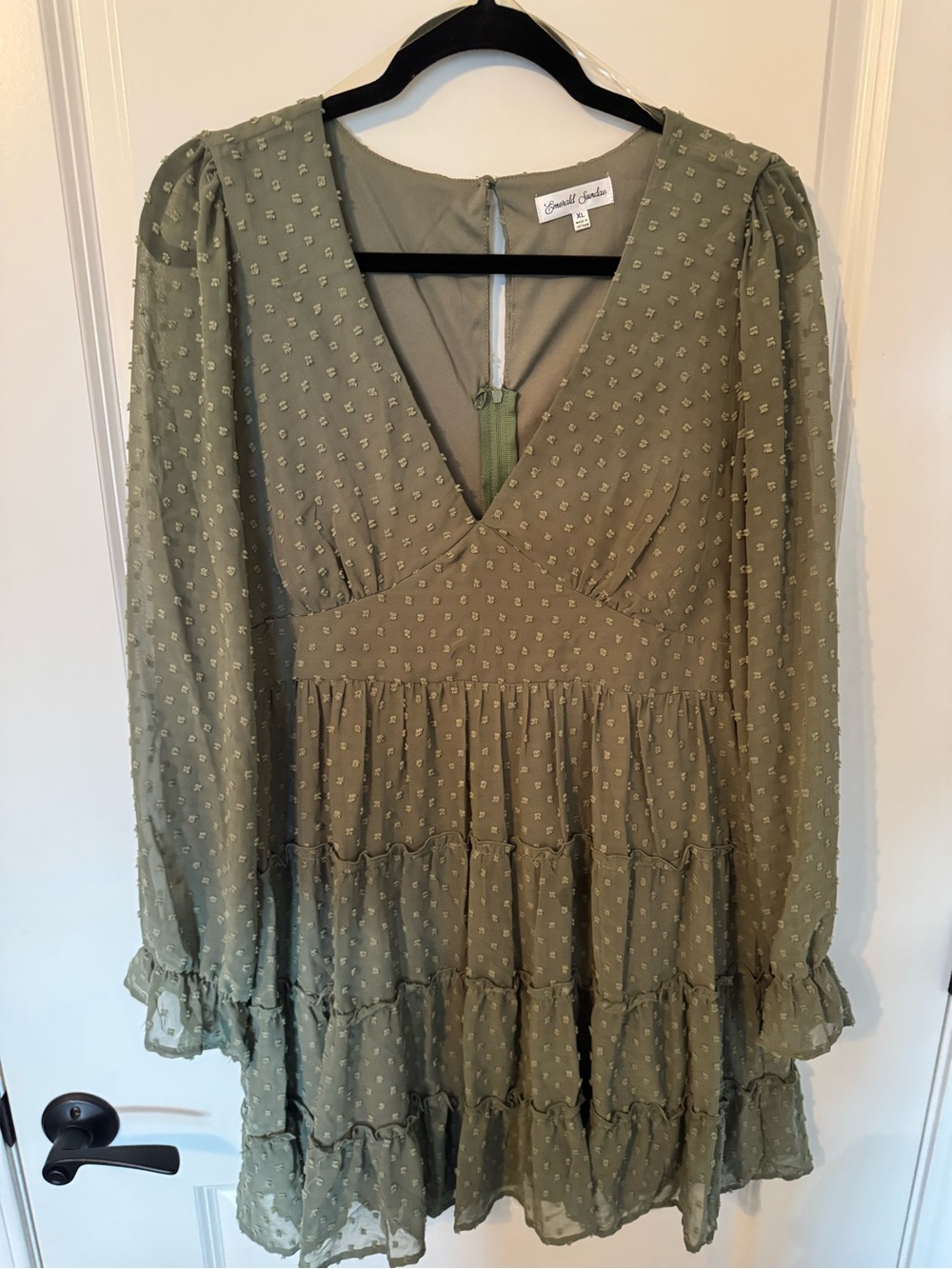 Emerald Sundae Sage Green Swiss Dot Tiered Long Sleeve Mini Dress